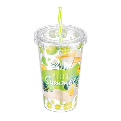 Bee Home Düz Kapak Pipetli Plastik Bardak - Bee