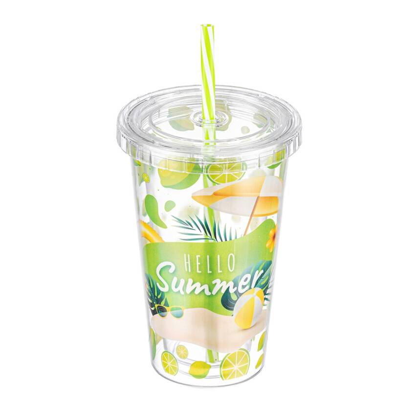 Bee Home Düz Kapak Pipetli Plastik Bardak - 1