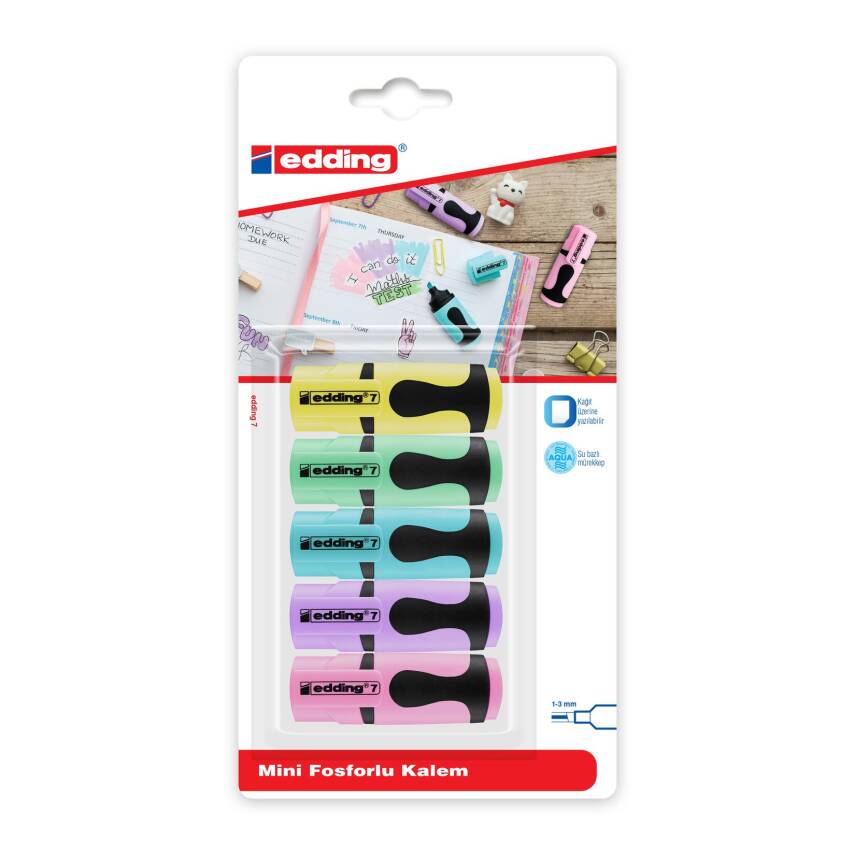 Edding Mini Fosforlu Kalem Pastel Renkler 5'li Set - 1