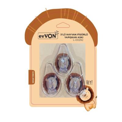 Evvon 3'lü Hayvan Figürlü Yapışkanlı Askı - Evvon