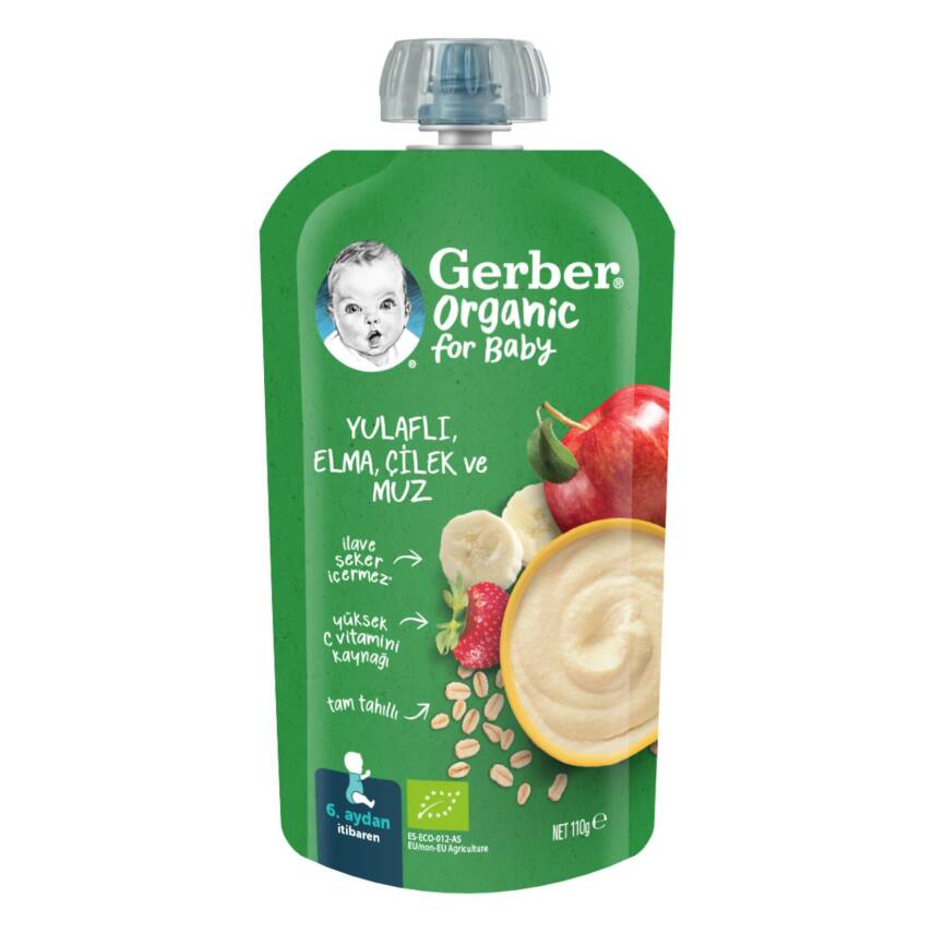 Gerber Organic Yulaflı Elma Çilek ve Muz Püre 110G - 1