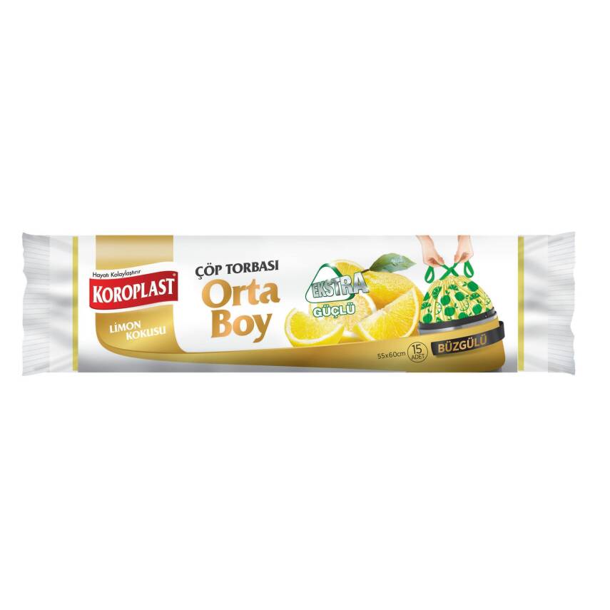 Koroplast Güçlü Büzgülü Çöp Torbası Limon Kokulu Orta 15'Li - 1